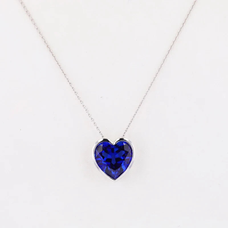 Lab-Grown Sapphire Heart Pendant Necklace – 12x12mm Bezel Setting, S925 Sterling Silver & Solid Gold (10K/14K)