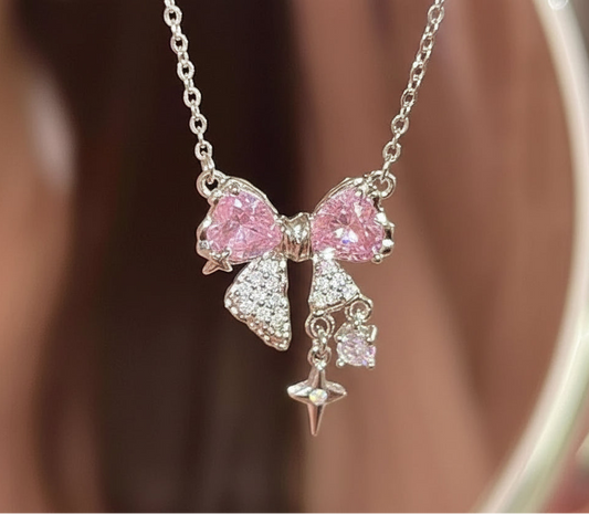 Silver Pink Bow Necklace with Rhinestone Tassel - Sweet Pendant for Everyday Wear
