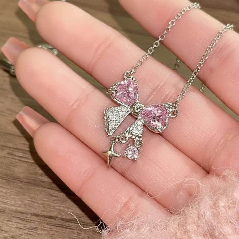 Silver Pink Bow Necklace with Rhinestone Tassel - Sweet Pendant for Everyday Wear