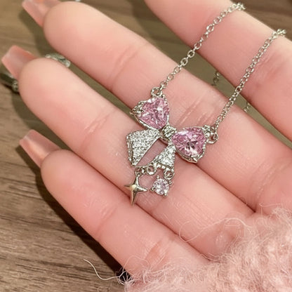 Silver Pink Bow Necklace with Rhinestone Tassel - Sweet Pendant for Everyday Wear