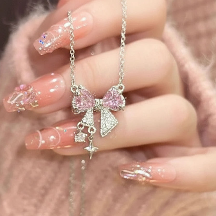 Silver Pink Bow Necklace with Rhinestone Tassel - Sweet Pendant for Everyday Wear