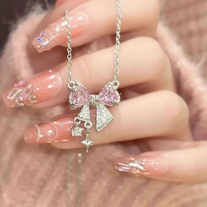 Silver Pink Bow Necklace with Rhinestone Tassel - Sweet Pendant for Everyday Wear